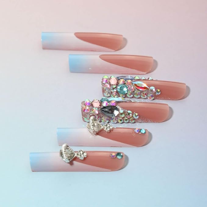 Long Square Press on Nails Blue Ombre False Nails French Tip Fake Nails with Design Nails Rhinestones Acrylic Long Nail Press ons Glitter Glue on Nail for Women 24Pcs
