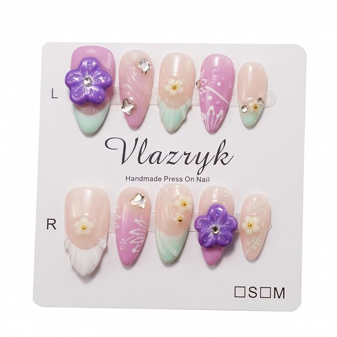 Handmade Press On Nails – Medium Almond Pink Purple Gradient French Tip Fake Nails,with 3D Flower Rhinestones – Thick Acrylic & Multi-Layer Gel, Reusable Luxury False Nails.