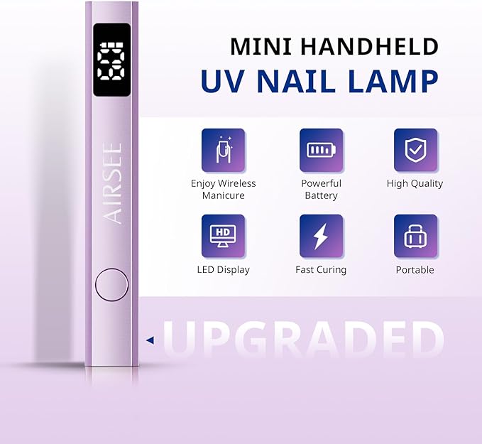 AIRSEE Cordless Mini Nail Lamp,Handheld UV Light with LCD Display for Gel Nails,Rechargeable USB Nail Dryer for Fast Cure,Rhinestone Glue Decoration,Gel Nail Strips at Home,Travel(Purple)