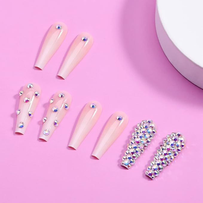 Artquee 24pcs French Nude White Ballerina Diamond Long Glossy Coffin Flash Fake Nails Press on Nail False Tips Manicure for Women