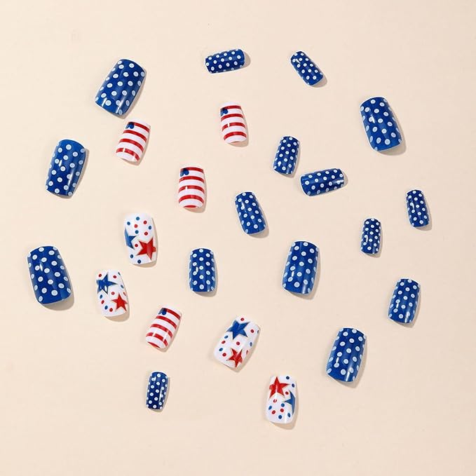 4th of July Press on Nails Short Square Fake Nails Wave Point False Nails with Star Designs Full Cover Tricolor Flag Acrylic Nails Glossy Glue on Nails Manicure Artificial Nails for Women Girls 24Pcs