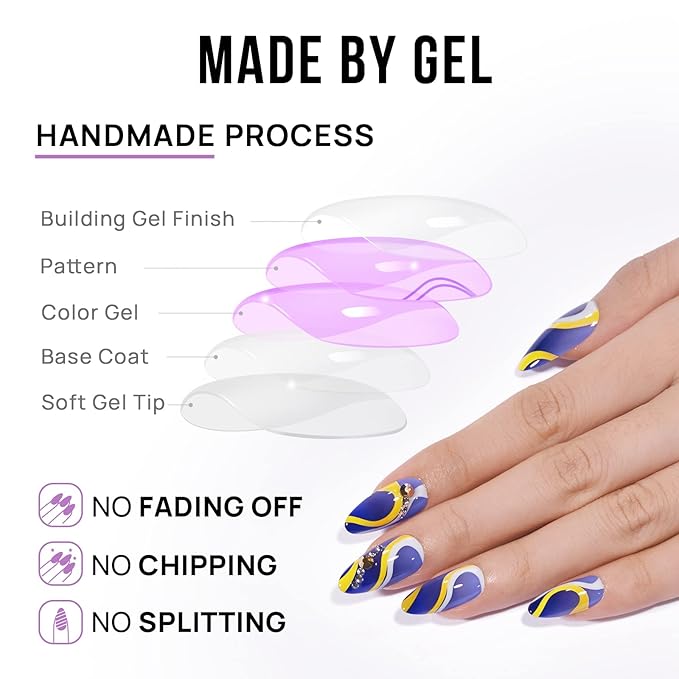 BTArtbox Press On Nails Almond - Blue Swirl Press On Nails with Nail Glue for Woman, Medium Soft Gel Glue On Nails in 15 Sizes - 30Pcs Stick On Nails Kit, Wave Blue