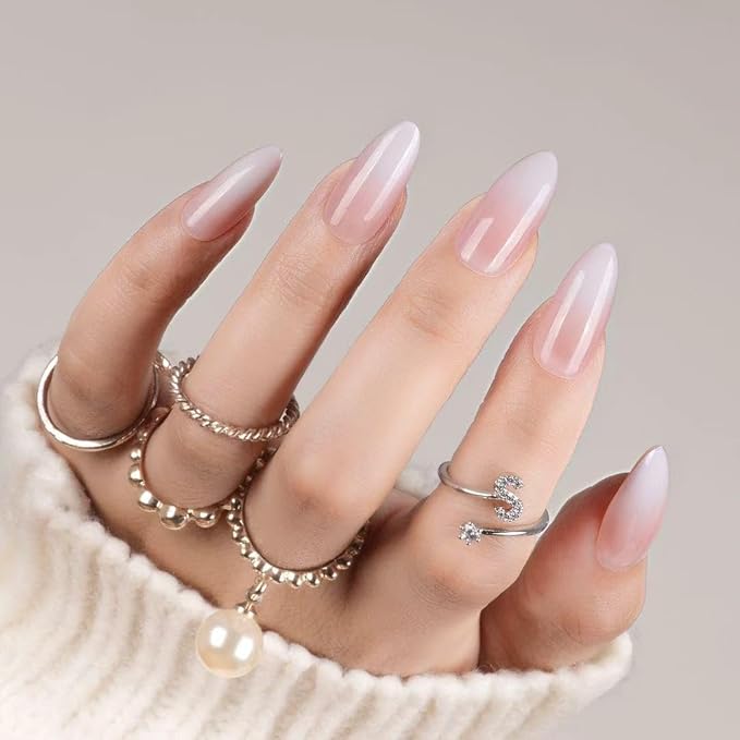 30Pcs Almond Press On Nails - Supremely Fit & Natural Soft Gel Almond Nails,15 Sizes, Reusable Fake Nails Kit with Gift Box for Women (Ombre Pink)