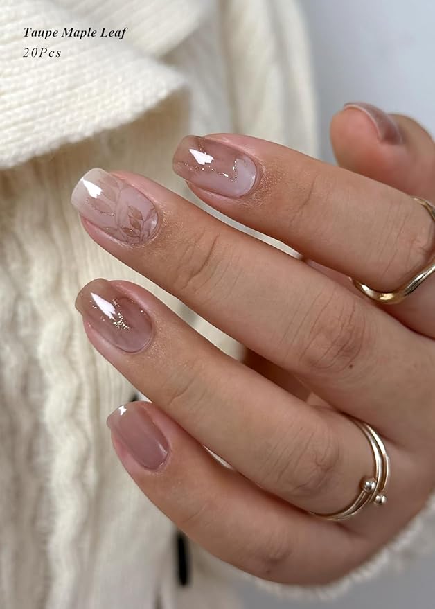 Semi Cured Gel Nail Strips (Taupe Maple Leaf), 20 Pcs Gel Nail Wraps, Stickers, Salon Quality, Works With Any UV Lamps