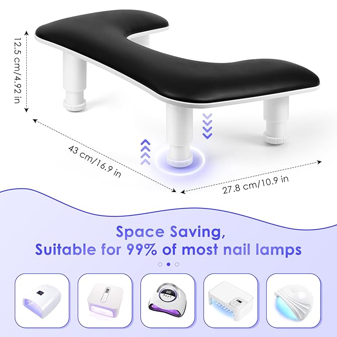 Manicure Arm Rest for Nails Tech: U-shaped Adjustable Nail Armrest - Black PU Leather Hand Stand Rest for Manicurists