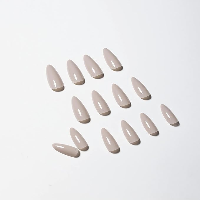 Khaki Press on Nails Almond Shaped Medium Length - Neutral Acrylic Reusable Fake Nails for Women Girls, Glue on Stiletto False Nails Soft Gel Artificial