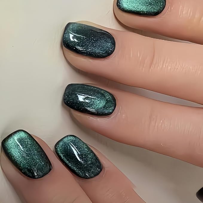 Dark Blue Press on Nails Short Square Fake Nails Cat Eye False Nails Press ons Glossy Gradient Shiny Glitter Glue on Artificial Nails for Women Manicure Decoration 24pcs