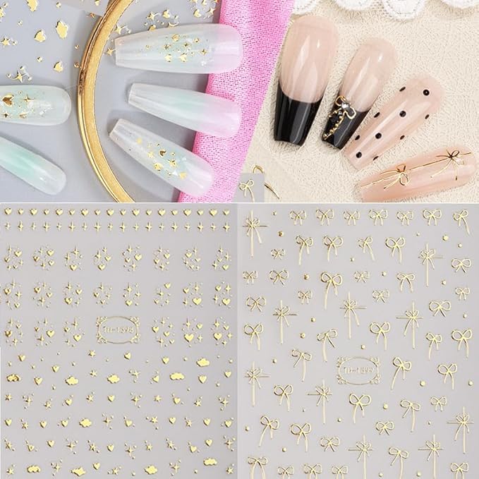 9 Sheets Gold Silver Nail Art Stickers 3D Laser Silver Stripe Line Nail Decals Self-Adhesive Metallic Butterflies Love Stars Gold Nail Stickers for Wome Girls French Nail DIY Decoration Accessories
