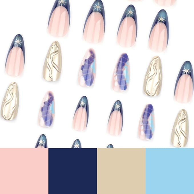 Hkanlre Stiletto Press on Nails Fake Blue Nails Tips Full Cover False French Long Nails for Women and Girls 24PCS