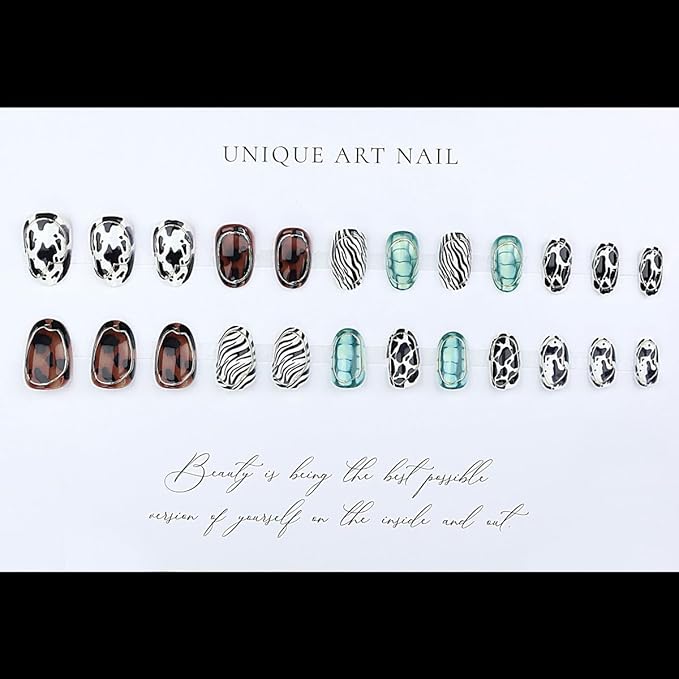 Animal Print Press on Nails Short Oval Fake Nails Fall Winter Nails Press ons with Design Full Cover Stick on Nails for Women Manicure,Reusable | Artificial | Glue Tabs | Easy Apply | 24Pcs