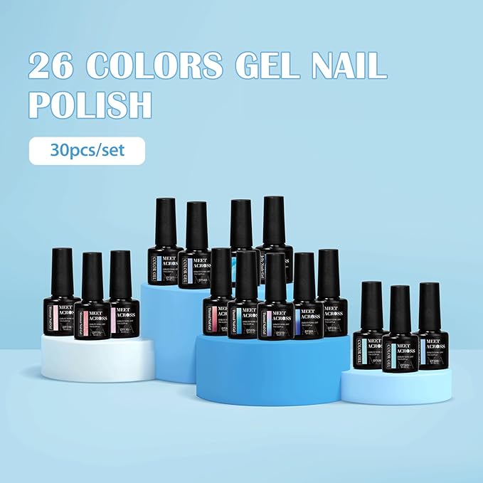 MEET ACROSS 30Pcs Jelly Gel Nail Polish Set Bright Gel Polish Nude Pink Blue Green Lavender Nail Polish Manicure Kit Gift for Her Women 26 Colors