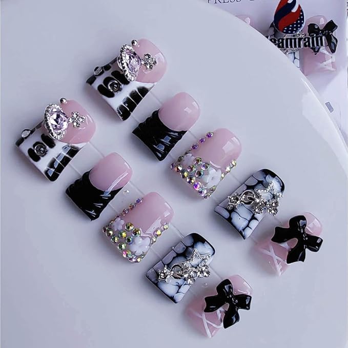 Handmade Press on Nails Duck Fake Nails Pink and Black Design with Rhinestones and Bow and Flower for Women 10pcs M Size Pattern 1101