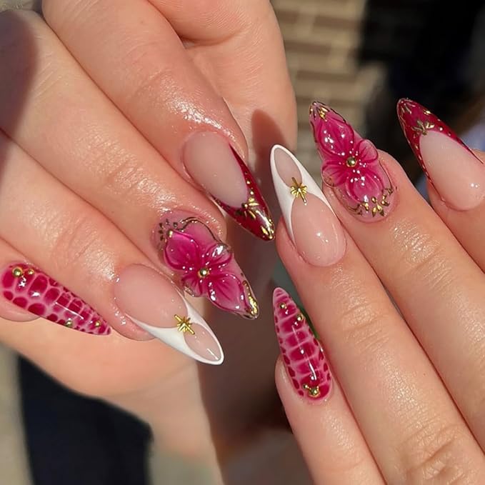 Medium Press on Nails Almond,Spring Summer Fake Nails,Red Nails Press ons with Crocodile,Gold Star,Lines,Beads Design,Reusable Artificial Nails,Easy Apply Manicure Kit for Women 24Pcs