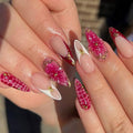 Medium Press on Nails Almond,Spring Summer Fake Nails,Red Nails Press ons with Crocodile,Gold Star,Lines,Beads Design,Reusable Artificial Nails,Easy Apply Manicure Kit for Women 24Pcs