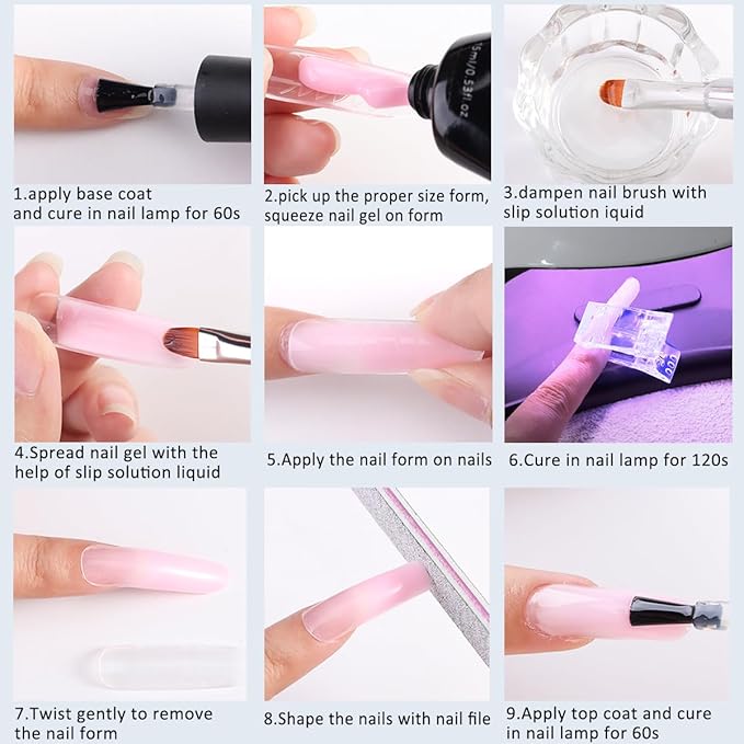 Poly Extension Gel Nail Kit, Clear White Pink With Slip Solution Dual Builder Nail Forms, Clips for Poly Gel, Starter Kit for Home Manicure Set, Nude