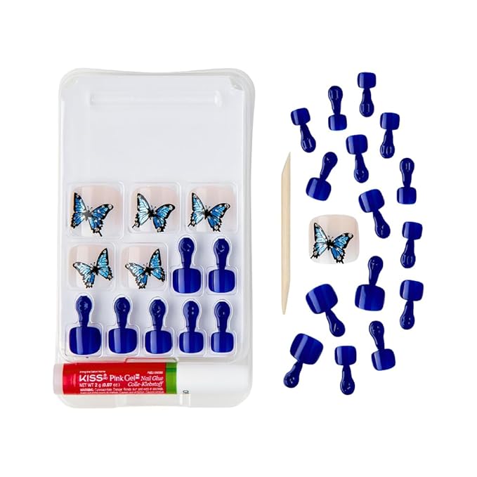 GoldFinger Trendy Press On Fake Toenail Kit, Butterfly Animal Print & Dark Blue Color, Ready to Wear Gel & Manicure Stick, Mini Glue included, Long-Lasting Convenient & Easy to Apply
