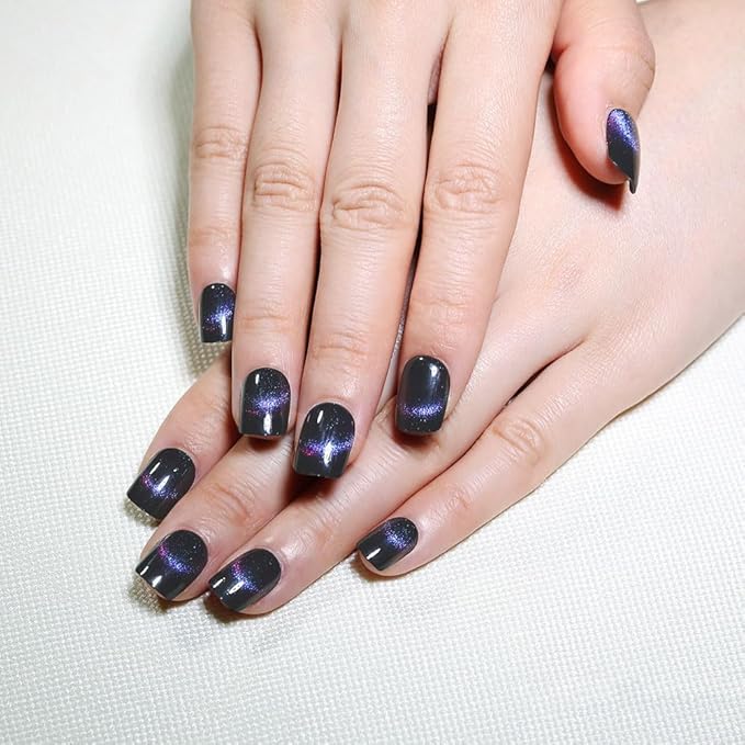 evpct Dark Blue Cat Eye Extra Short Press on Nails Square, Petite Short Square Stick on Nails for Women Gift, Smile Purple Metallic Glitter Glossy Reusable Gel Press on Acrylic Fake Nail with Designs