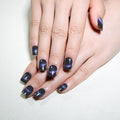evpct Dark Blue Cat Eye Extra Short Press on Nails Square, Petite Short Square Stick on Nails for Women Gift, Smile Purple Metallic Glitter Glossy Reusable Gel Press on Acrylic Fake Nail with Designs