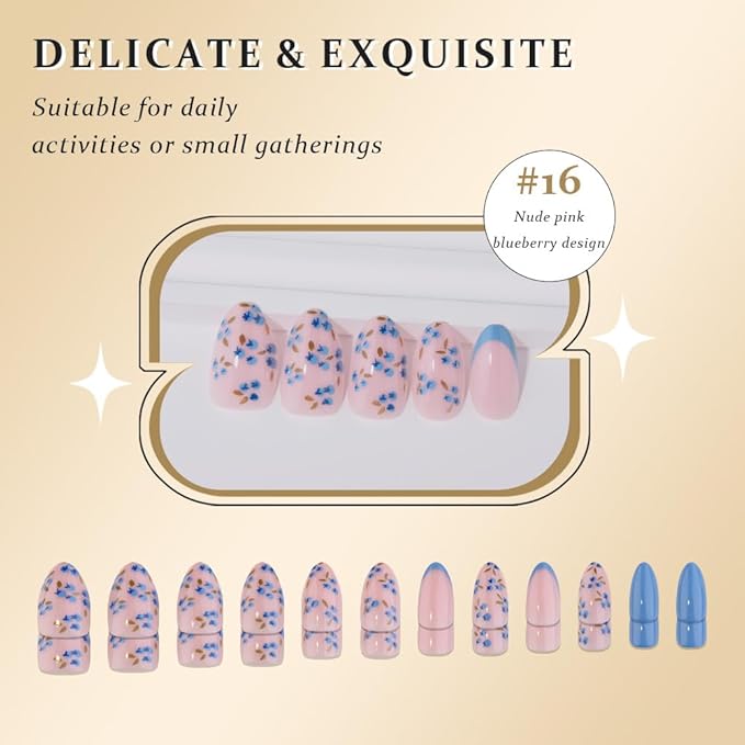 evpct Nude Pink Press on Nails Short Almond with Blueberry Design, Blue Tip Full Cover Fake Nails Reusable Perfect Fit Nail Kit with Kits Tabs File, Stick on Soft Nail for Women Manicure, 24Pcs