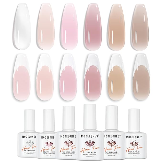 modelones Jelly Gel Nail Polish Set, French Tip Base Color Gel Polish Milky White Nude Pink Neutral Sheer Translucent Hema Free 6 Colors Gel Nail Kit Soak Off UV Spring DIY Manicure Gift Women