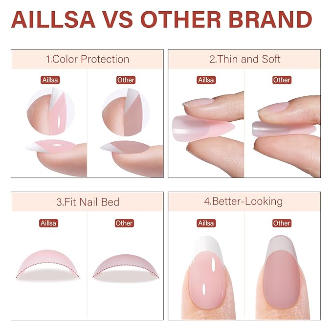 AILLSA French Gel Nail Tips, 180 Pcs Pink French Tip Press on Nails Short Almond, Pre-Applied Primer & Base Coat, No Need File, Soft Nail Tips, Fake Nails for Nail Art DIY 15 Sizes