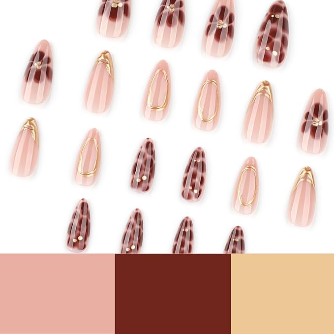 24Pcs Almond Shaped French Tip Chrome Gold 3D Lines Design Acrylic Press-On False Nails for Women Girls Manicure Decor