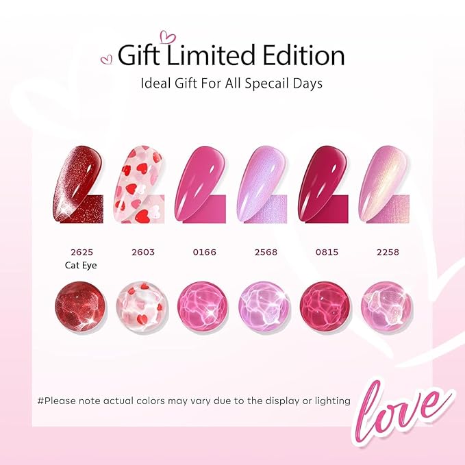 modelones Gel Nail Polish Set, 6 Colors 2026 Eater Spring Pitaya Hot Pink Red Cat Eye Gel Polish Mermaid Pink Red Love-heart Glitter Nail Polish with Magnet & Wooden Pen Soak Off LED Manicure Gift