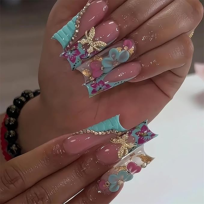 RTKHFZE Press on Nails Long Square Fake Nails Blue French Tip Glue on Nails with 3D Flower and Butterfly Designs Acrylic False Nails Glossy Full Cover Stick on Nail for Women Manicure