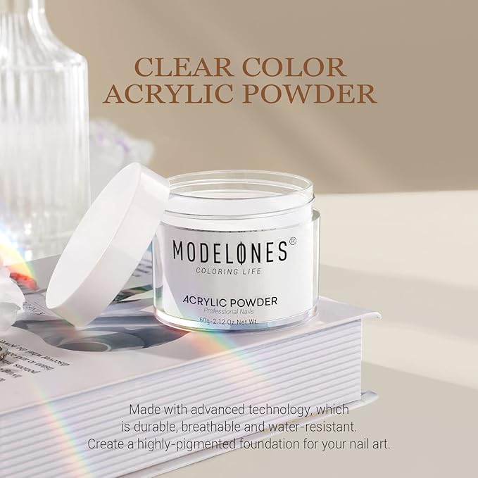 Modelones Acrylic Powder, 2.12oz Transparent Professional Clear Acrylic Nail Powder for Nails Extensiosn French Naisl Art 3D Flowers, Carving, Beginner-Friendly
