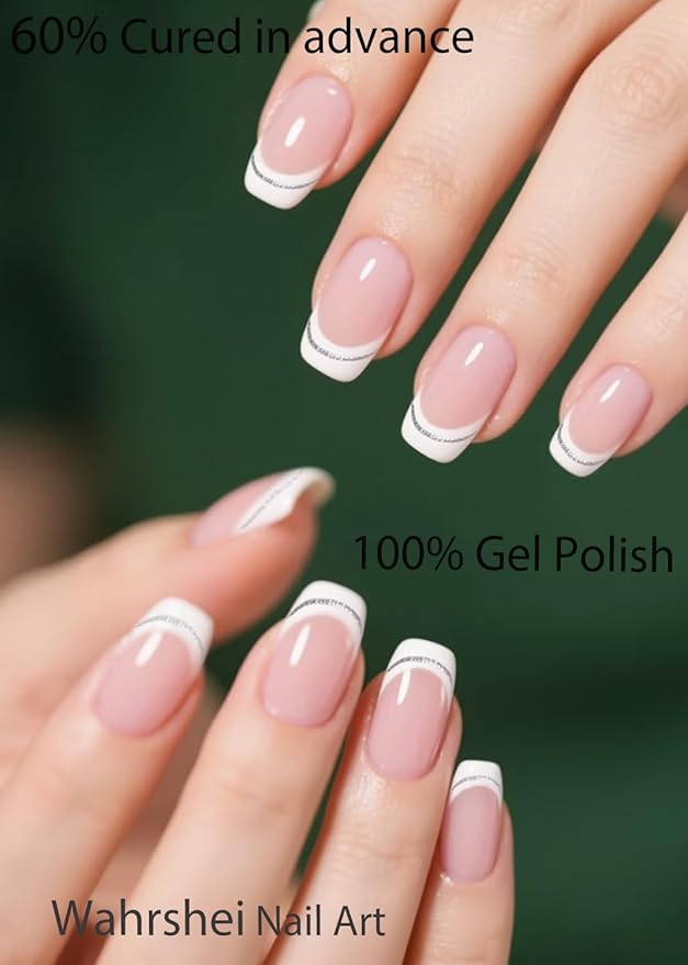 UV Gel Nail Stickers, French Glitter 30pcs Semi Cured Gel Nail Strips, Wraps for Home Manicure DIY