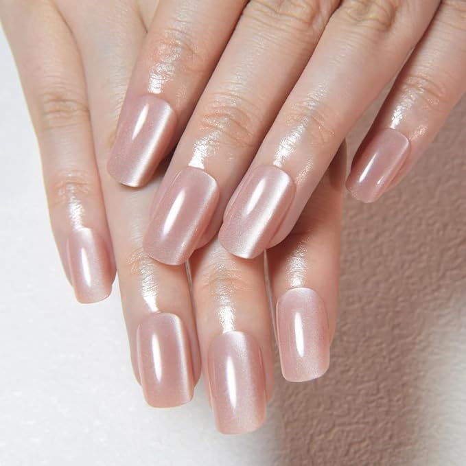 Nude Cat Eye Press on Nails Medium Square, Medium Square Press Stick on Nails Chrome for Women Gift, Nude Holographic Glitter Glossy Reusable Soft Gel Acrylic Fake Nail with Designs Cateye Effect