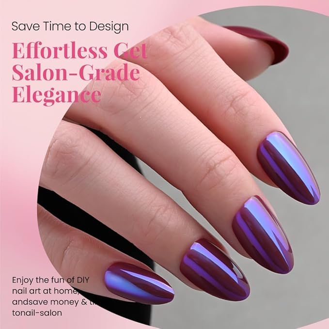 evpct Dark Purple Press on Nails Almond Short, Dark Purple Chrome Glazed Glossy Short Almond Soft Gel Press On Nails with Nail Kit for Women Gift, 15 Sizes 30Pcs Reusable Stick Acrylic Fake Nail Kit
