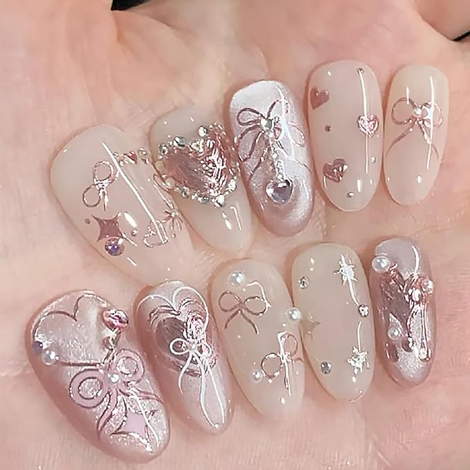 1Pcs 5D Valentines Nail Art Stickers Self Adhesive Rose Gold Bow Nail Decals Embossed Love Heart Nail Stickers Shiny Star Nail Design Sticker Pink Valentines Sticker Cute Nail Supplies Decor for Women