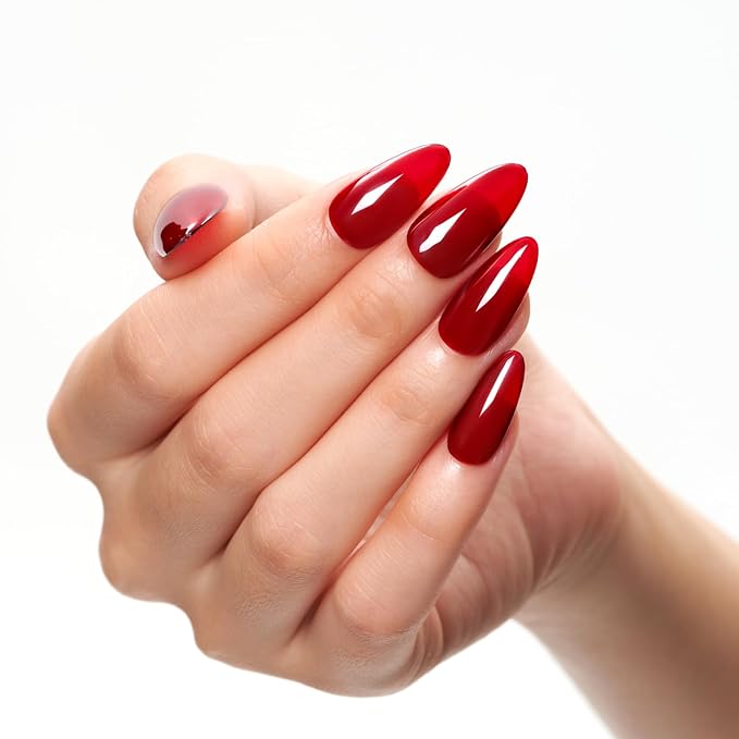 GLAMERMAID Ruby Red Press on Nails Medium Almond, Handmade Jelly Soft Gel Deep Dark Red Glue on Nails Stiletto, Burgundy Emo Fake Nails Short Oval, Reusable Acrylic Stick on False Nails Kit for Women