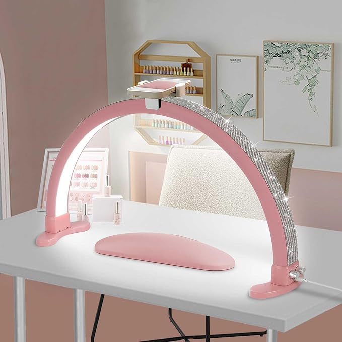 Half Moon Light for Nail Desk with Phone Holder, Adjustable Brightness 2700K-6000K, 45W Rhinestones Arch Light for Nail Techs