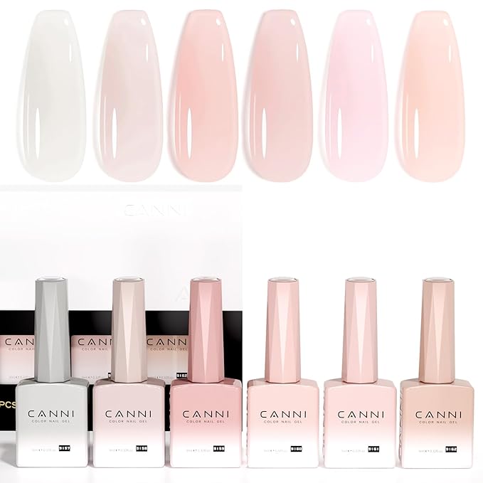 CANNI Jelly Nude Pink Gel Nail Polish Set- 6 Pcs 9 Ml Neutral Transparent Milky White Colors Gel Polish Kit, Soak Off LED Nail Gel Manicure Kit DIY at Home Salon Gifts