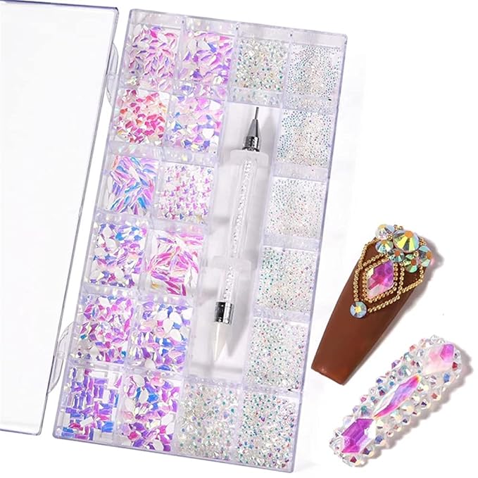 1 Box 21 Grid Mocha Opal Rhinestones for Nails 600 Pcs Multi Shapes Nail Rhinestone Gems Nail Jewels with 2500 Pcs Crystal Rhinestones Diamonds Nail Dotting Pen Kits for Nail Art Craft Acrylic Nails