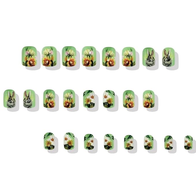 24 Pcs Easter Press on Nails Short Square Shaped Fake Nails Full Cover False Nails with Easter Cute Bunny Designs Spring Flower Acrylic Nails Glossy Green Stick on Nails for Women DIY Manicure