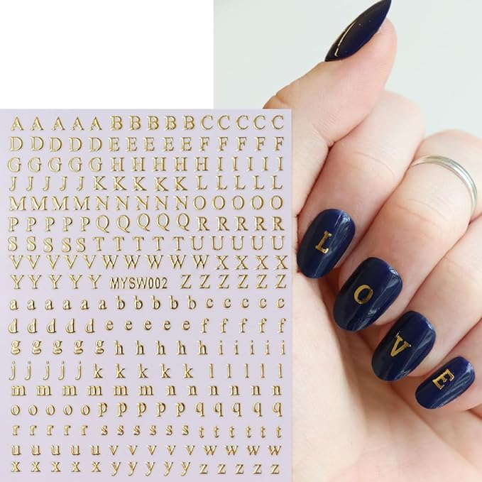 Letters Nail Art Stickers English Alphabet Nail Decals 3D Self-Adhesive Metallic Gold Silver Nail Sticker Black White Letter Nail Art Supplies for Women Girls DIY Pegatinas Uñas Manicure 8 Sheets…