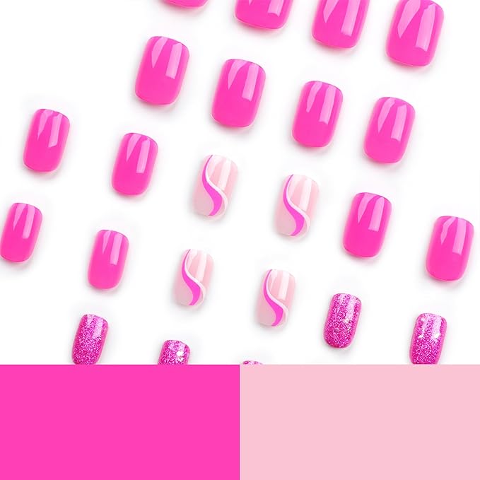 Pink Press on Nails Short Square Fake Nails Glossy False Nails Press ons with Swirl Line Design Reusable Artificial Nail Full Cover Glue on Nail Stick on Nails for Women Manicure 24Pcs