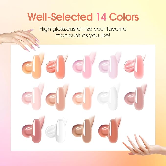 ROSALIND Nude Poly Nail Gel Kit, 14 Colors Pink Poly Nail Gels Kit with Slip Solution and Mini Lamp Poly Nails Gel Starter Kits For All Seasons Beginner DIY at Home