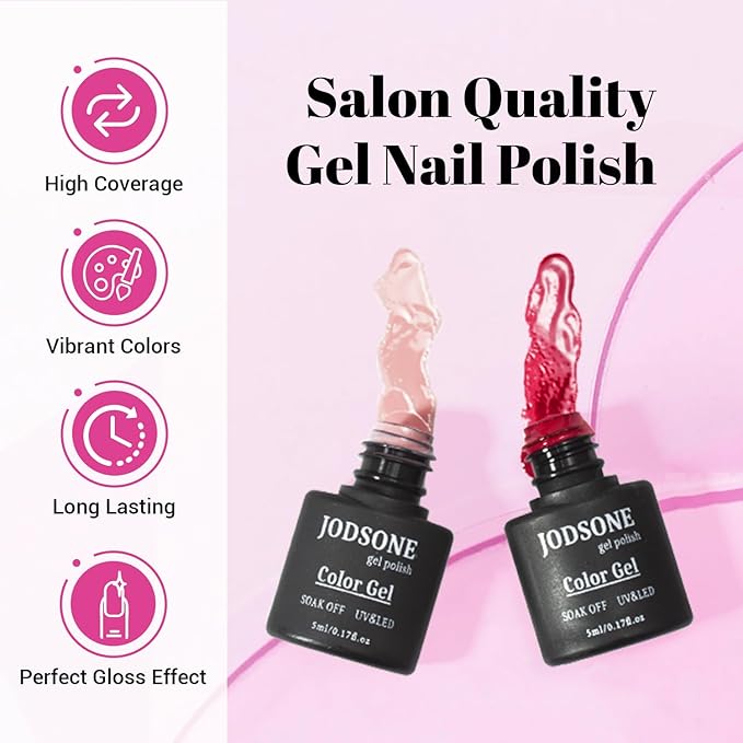 JODSONE 23 PCS Glitter Gel Polish with Soak off Base Coat Matte and Glossy Top Coat Glitter 2026 Valentine's Day Red Pink Color High Shine and Fashion Gel Nail Polish Kit