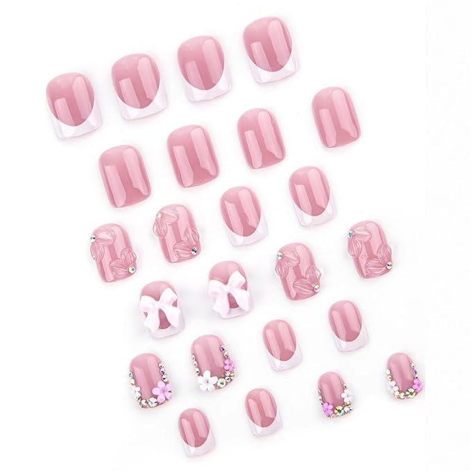 Handmade Press on Nails Short Square Cute French Tip Fake Nails 3D False Nails with Designs Flower Bow Charms Pink & White Glossy Glue on Nails Stick on Nails Acrylic Nails for Women Girls 24 Pcs