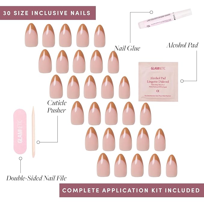 Glamnetic Press On Nails - Café Crème | Semi-Transparent Light Brown French Tip Short Almond Fake Nails in a Glossy Finish, Salon Quality | 15 Sizes - 30 Nail Kit