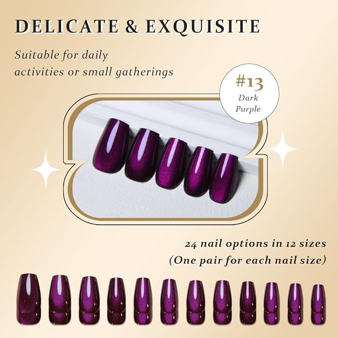 evpct Dark Purple Cat Eye Coffin Press on Nails Square Medium, Medium Square Stick on Nail for Women Gift, Dark Purple Metallic Glitter Glossy Reusable Soft Gel Press on Acrylic Fake Nail with Design
