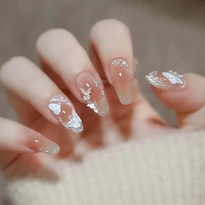 Hkanlre Blush Press on Nails Cute Coffin Medium Fake Nails Tips Full Cover Bling Cat Eyes False Nails for Women and Girls 24PCS