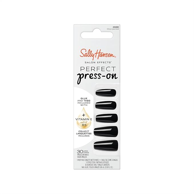 Sally Hansen Salon Effects Perfect Press-On Nails | Coffin Shape | Easy to Apply, Non-Damaging | 30 Nails, Nail Glue, Adhesive Tabs, File | Onyx-Pected