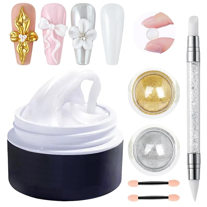 White Solid Builder Gel for Nails, Hard Gel Non-Sticky Sculpting, 3D Nail Art Carving Extension with Chrome Powder/Nail Sculpture Pen
