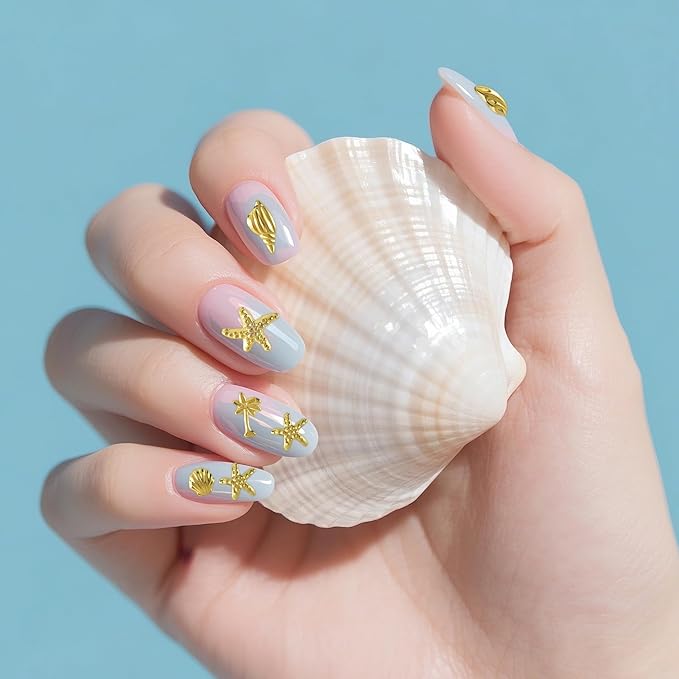 2 Disc Ocean Nail Art Charms, 3D Metal Nails Stickers, Beach Starfish Seashell Decals Manicure DIY Embellishments for Women- Gold