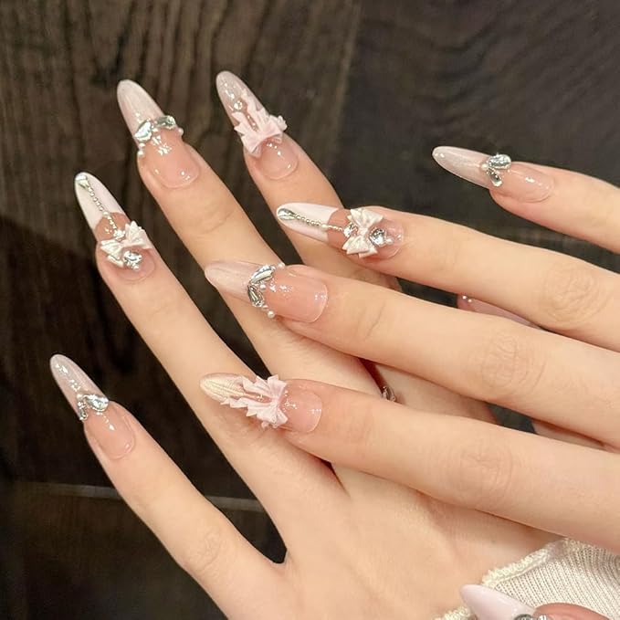 Handmade Press on Nails Long Stiletto Fake Nails Pink French Tip False Nails with 3D Rhinestones Bow Designs Sparkly luxury Artificial Nails Reusable for Women 10pcs (Size M）